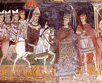 A fresco of the Emperor leading Pope Sylvester in triumph